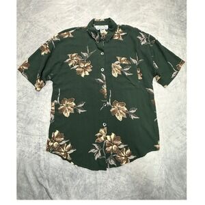 Vtg 80s Floral Rayon Button Down camp Shirt womens sz M tropical casual USA